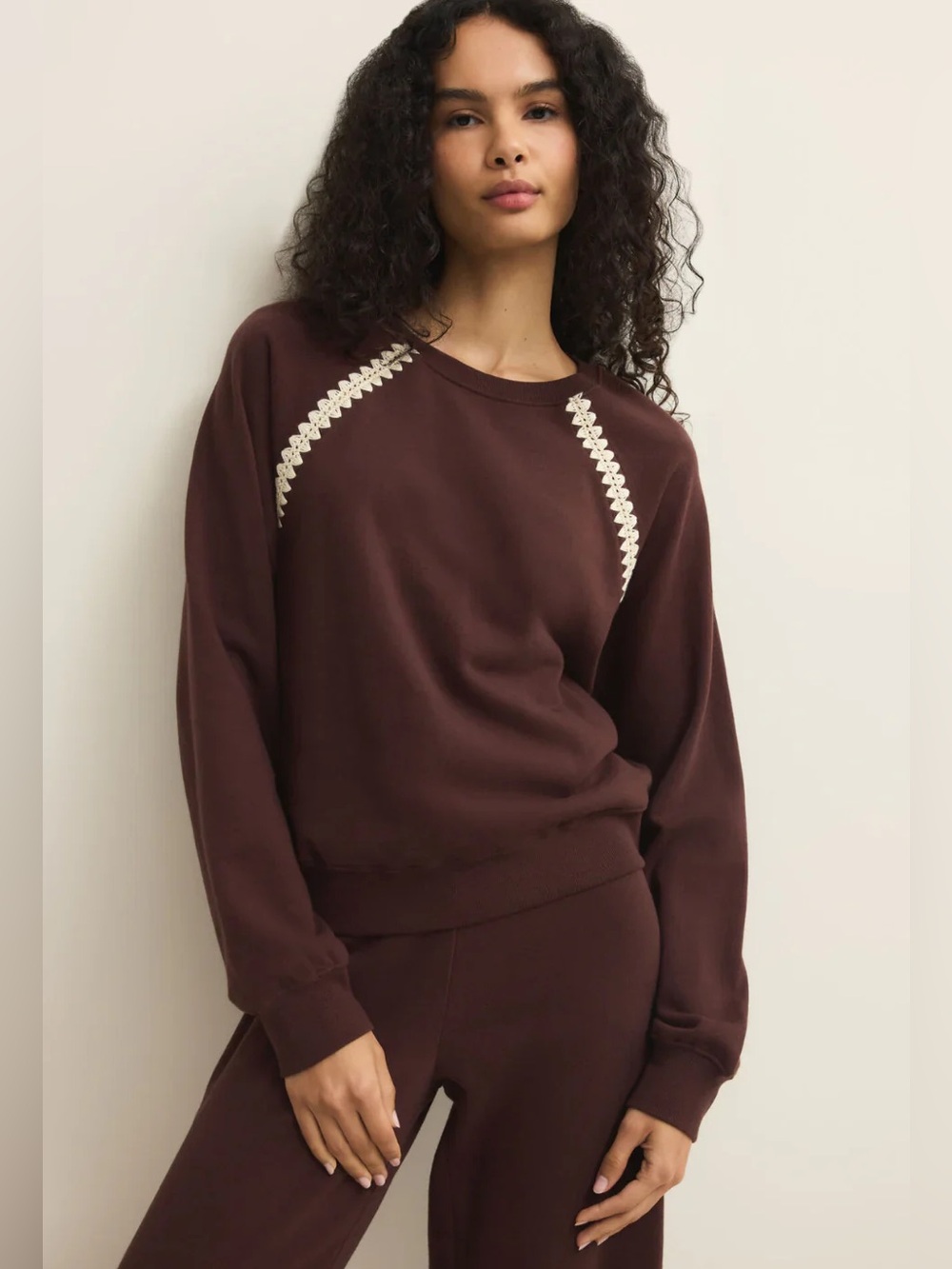 Women's Brown Crewneck Sweater with Contrast Trim